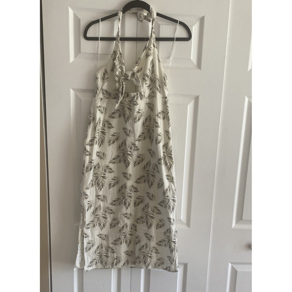 By Together Halter Palm Print Midi Dress Womens Size M White Green Linen Blend